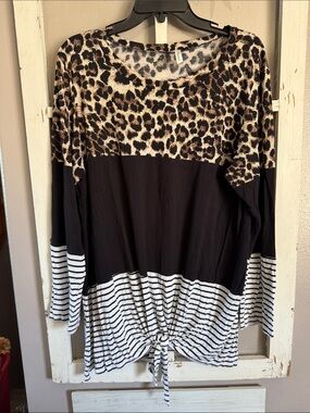 Now n Forever leopard print, black, and striped Tie-Front Long sleeved shirt.